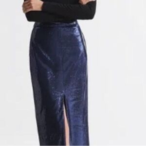 Reiss Dakota Navy Blue Sequin Midi Skirt Size 2 with front slit
